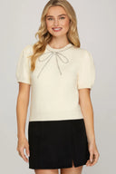 BEADED BOW HOLIDAY TOP (CREAM)