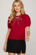 BEADED BOW HOLIDAY TOP (RED)