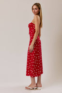 STRAPLESS POLKA DOT MIDI DRESS