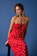 STRAPLESS POLKA DOT MIDI DRESS